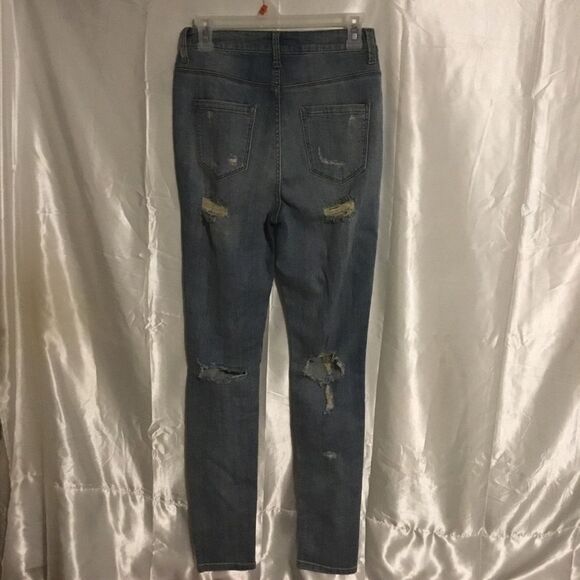Fashion Nova Medium Wash Destroyed Whisker Skinny High Waist Jeans  7 - Picture 2 of 2